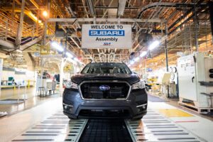 Car coming off the line at Subaru of Indiana Automotive