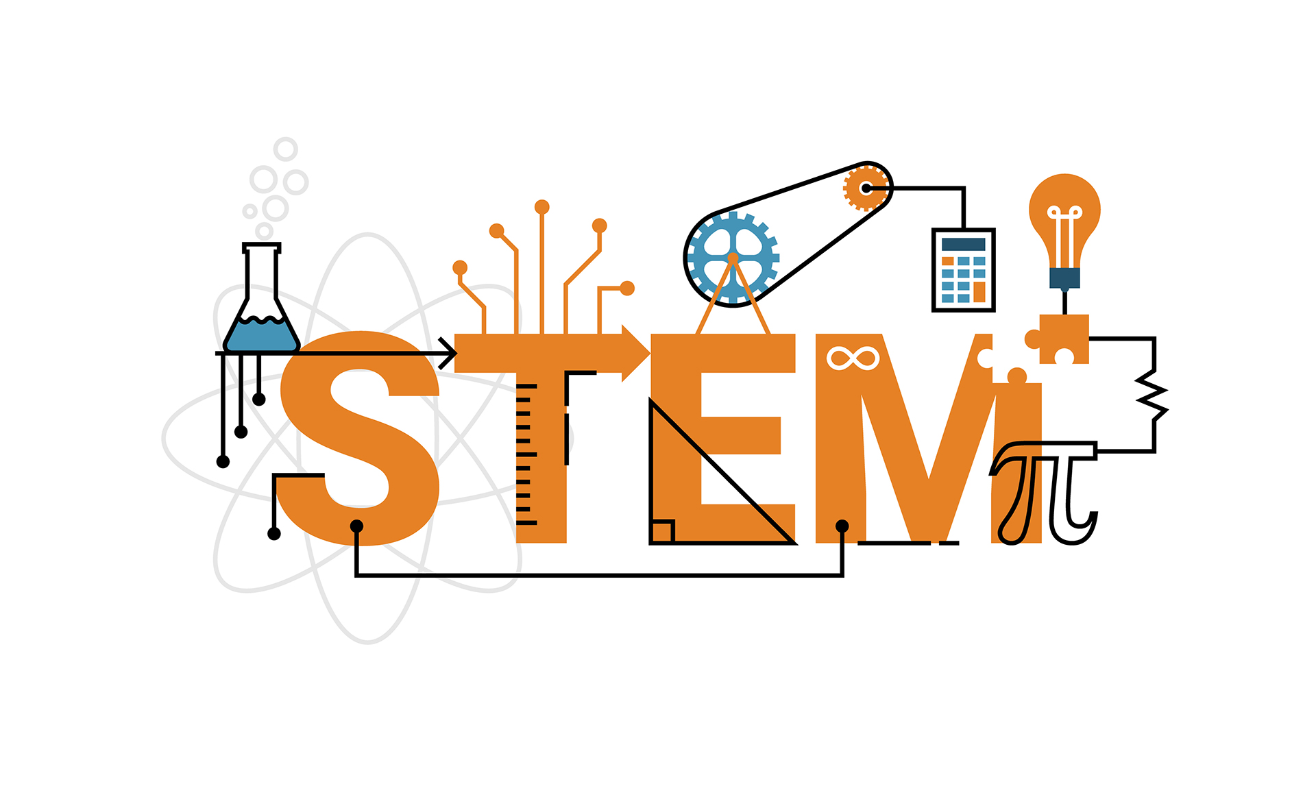 Image that reads "STEM" with various science icons surrounding it