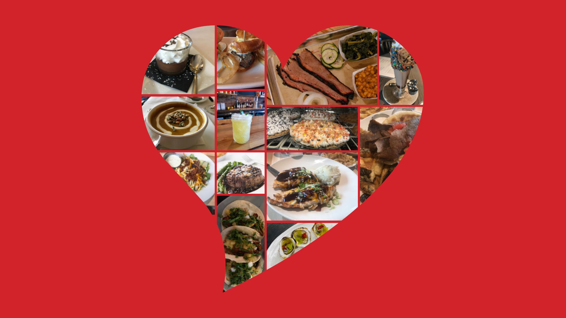 Red background with a heart that contains a collage of food photos inside